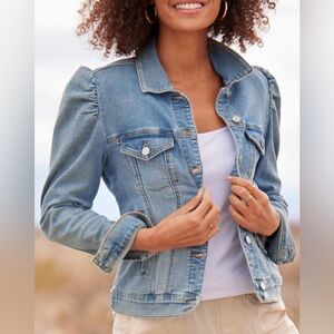 White House Black Market Denim Jacket with Puff Shoulders Large WHBM